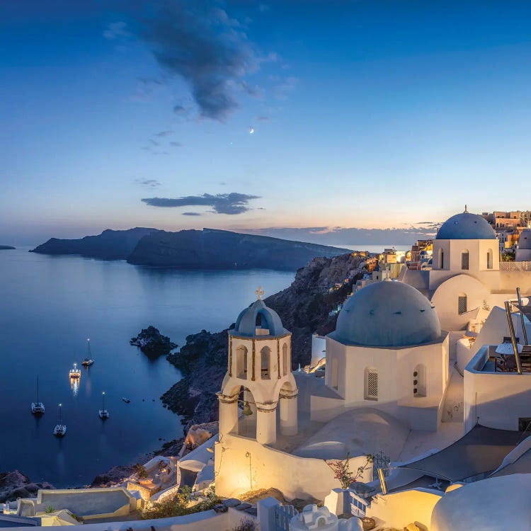 Blue Domed Church In Oia At Dusk, Santorini, Greece