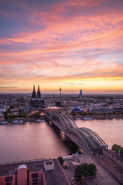 Cologne Skyline At Sunset, North Rhine Westphalia (Nordrhein-Westfalen), Germany