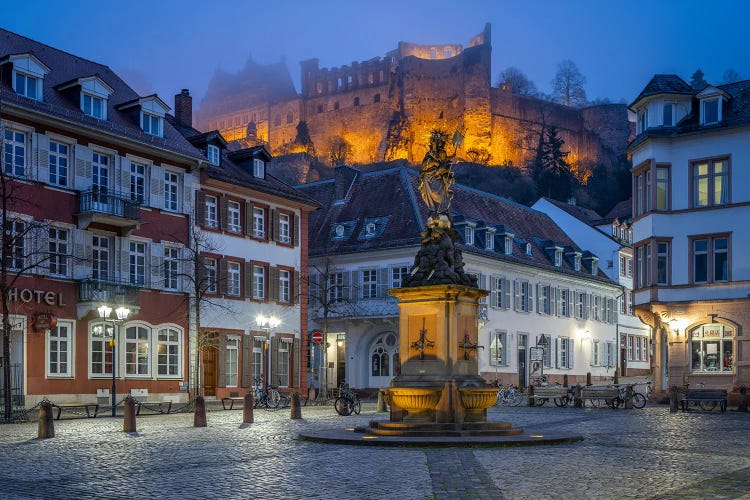 Heidelberg Kornmarkt Square At Night With Heidelberg Castle In The Background, Baden-Württemberg, Germany