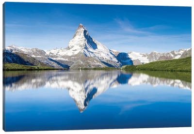 Peak Of The Matterhorn Mountain Reflected In The Stellisee Lake Canvas Art Print - Switzerland
