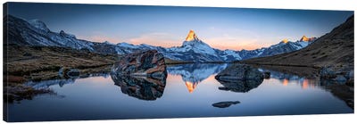 Panoramic View Of Stellisee And Matterhorn Canvas Art Print - Switzerland