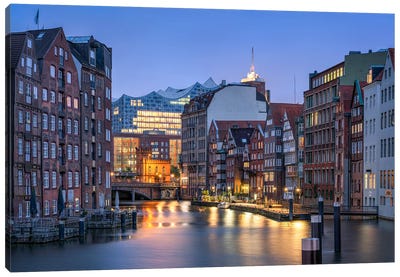 Historic Nikolaifleet Canal With Elbphilharmonie Concert Hall, Hamburg, Germany Canvas Art Print - Hamburg