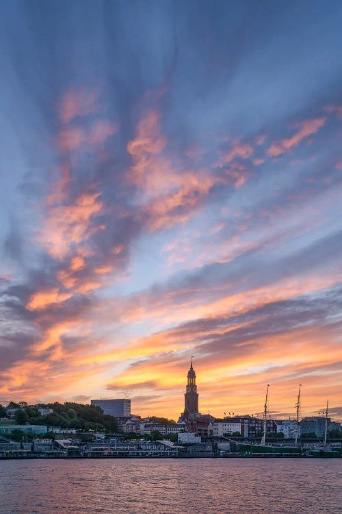 Sunrise In Hamburg With St. Michael's Church And Port Of Hamburg, Germany