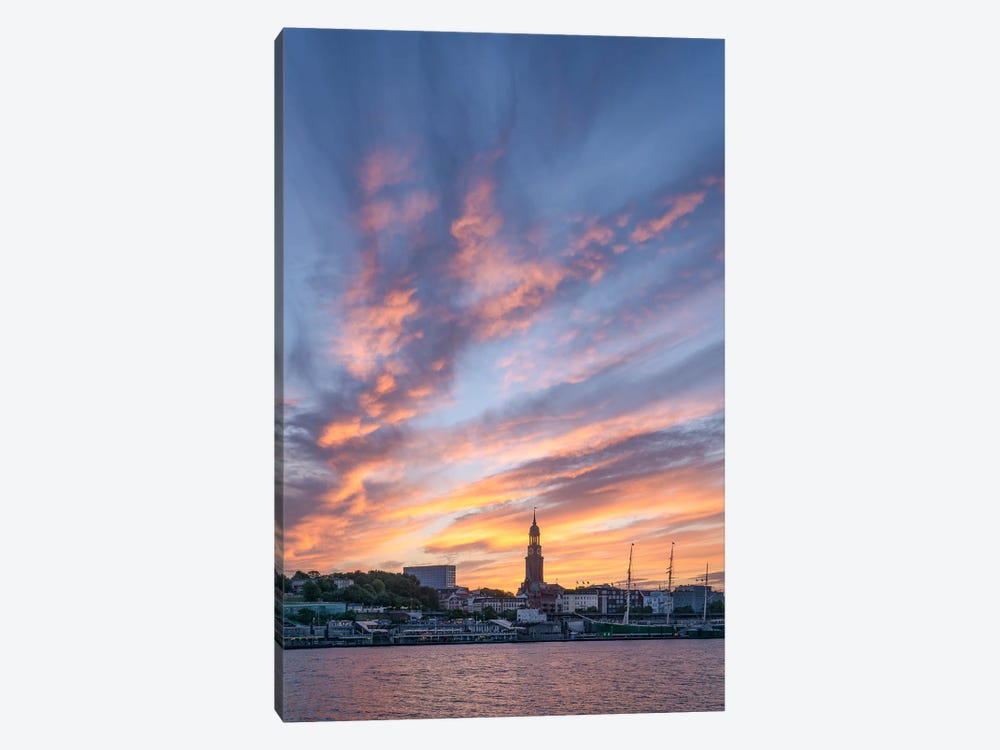 Sunrise In Hamburg With St. Michael's Church And Port Of Hamburg, Germany by Jan Becke 1-piece Canvas Print