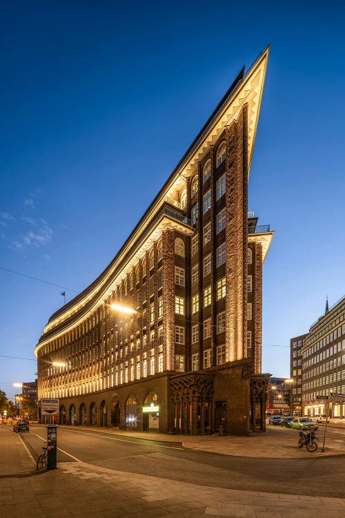 Historic Chilehaus Building At Night, Hamburg, Germany by Jan Becke wall art