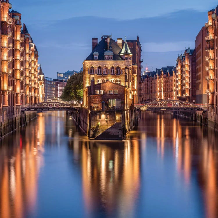 Historic Wasserschloss (Water Castle) In The Speicherstadt District At Night, Hamburg, Germany