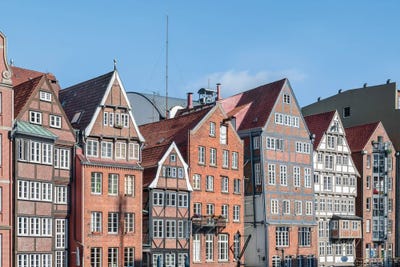 Historic Half-Timbered Houses In Hamburg, Germany by Jan Becke metal wall art