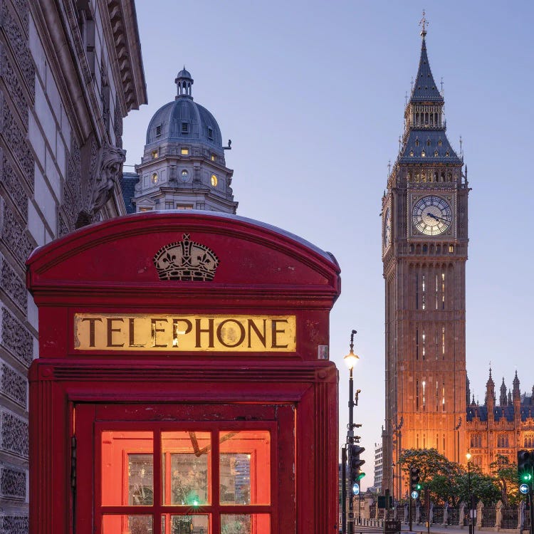 Historic Red Telephone Booth And Big Ben At Night, London, United Kingdom