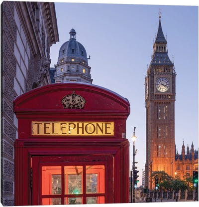 Historic Red Telephone Booth And Big Ben At Night, London, United Kingdom Canvas Art Print