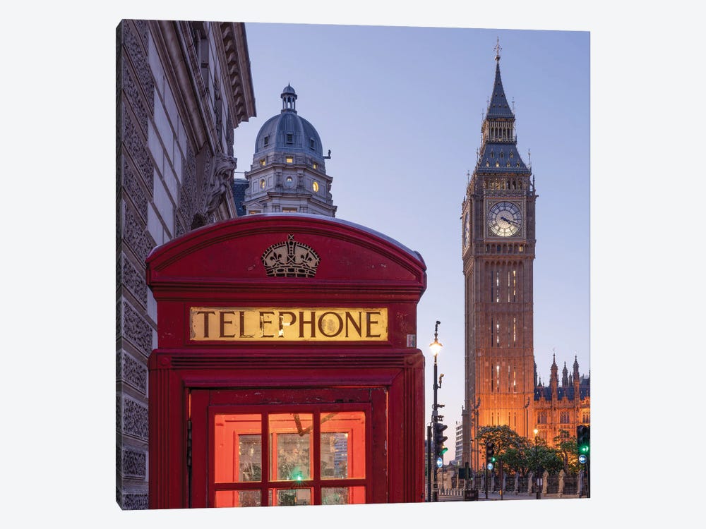 Historic Red Telephone Booth And Big Ben At Night, London, United Kingdom by Jan Becke 1-piece Canvas Print