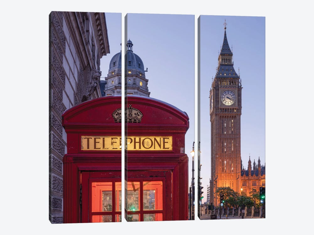 Historic Red Telephone Booth And Big Ben At Night, London, United Kingdom by Jan Becke 3-piece Canvas Print