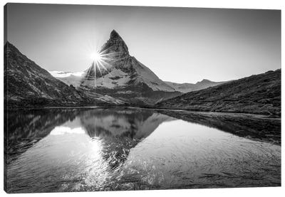 Riffelsee (Riffel Lake) And Matterhorn, Black And White, Zermatt, Switzerland Canvas Art Print