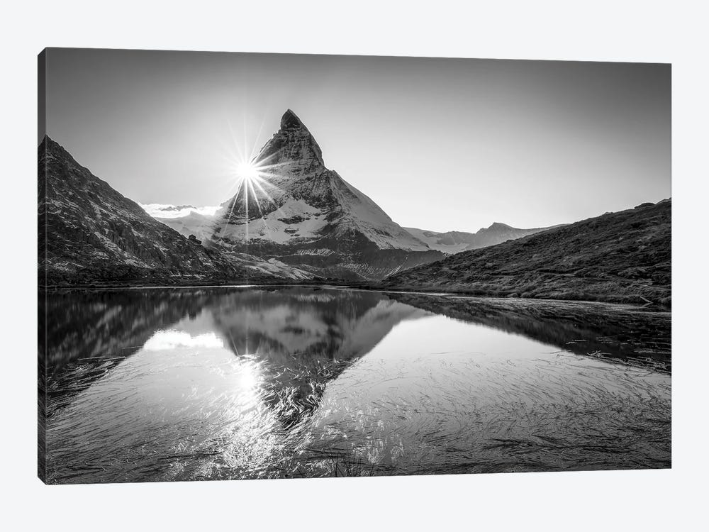Riffelsee (Riffel Lake) And Matterhorn, Black And White, Zermatt, Switzerland by Jan Becke 1-piece Canvas Print
