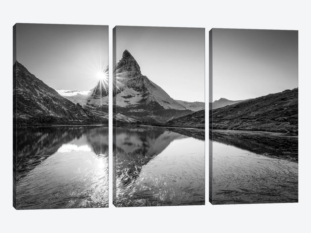 Riffelsee (Riffel Lake) And Matterhorn, Black And White, Zermatt, Switzerland by Jan Becke 3-piece Canvas Print