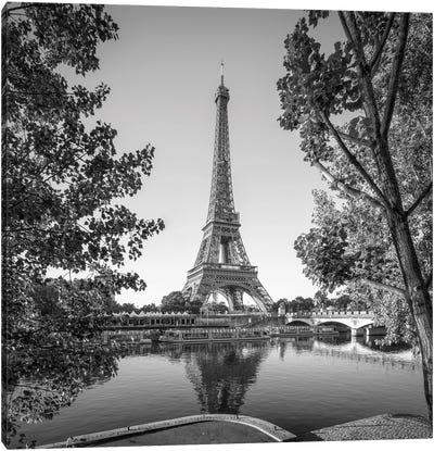 Eiffel Tower Along The Banks Of The Seine River, Paris, France, Black And White Canvas Art Print - Famous Architecture & Engineering