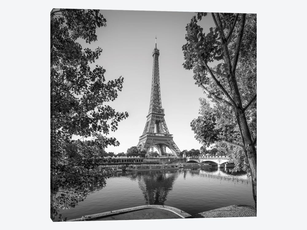 Eiffel Tower Along The Banks Of The Seine River, Paris, France, Black And White by Jan Becke 1-piece Canvas Wall Art
