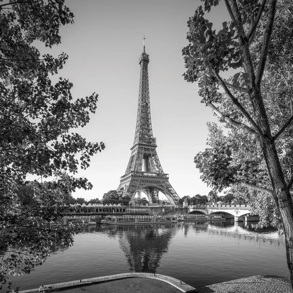 Landmarks & Attractions: Eiffel Tower Along The Banks Of The Seine River, Paris, France, Black And White by Jan Becke