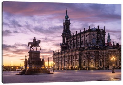 Historic Theaterplatz (Theatre Square) With Dresden Cathedral At Sunrise, Dresden, Saxony, Germany Canvas Art Print - Sculpture & Statue Art