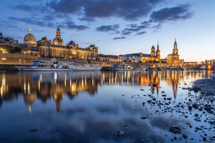 Dresden Old Town Along The Elbe River At Night, Saxony, Germany