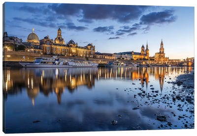 Dresden Old Town Along The Elbe River At Night, Saxony, Germany Canvas Art Print - Dresden