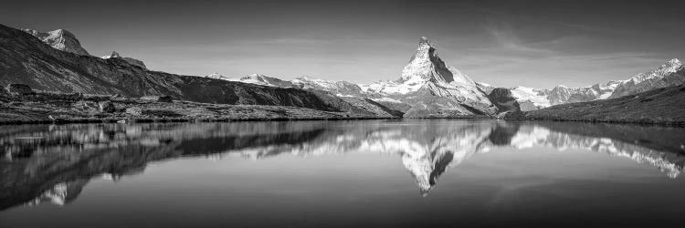 Stellisee (Stelli Lake) Panorama With Matterhorn Mountain In Black And White, Zermatt, Switzerland