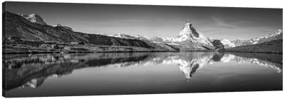 Stellisee (Stelli Lake) Panorama With Matterhorn Mountain In Black And White, Zermatt, Switzerland Canvas Art Print - Switzerland Art