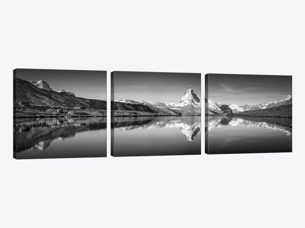 Stellisee (Stelli Lake) Panorama With Matterhorn Mountain In Black And White, Zermatt, Switzerland by Jan Becke 3-piece Canvas Art Print