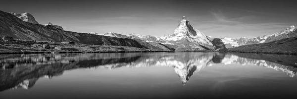 Switzerland: Stellisee (Stelli Lake) Panorama With Matterhorn Mountain In Black And White, Zermatt, Switzerland by Jan Becke