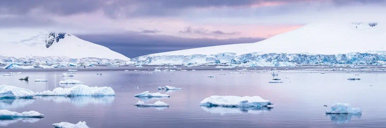 Antarctic Landscape With Ice Covered Mountains At Dawn, Antarctic Peninsula, Antarctica