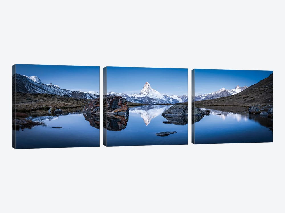 Panoramic View Of Stellisee And Matterhorn In Winter by Jan Becke 3-piece Canvas Art Print