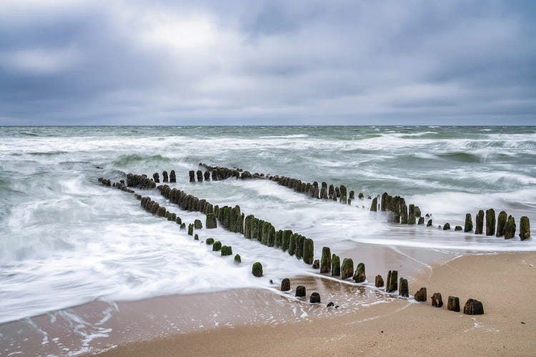 Wooden Groyne On A Stormy Day At The North Sea Coast, Rantum, Sylt, Schleswig-Holstein, Germany