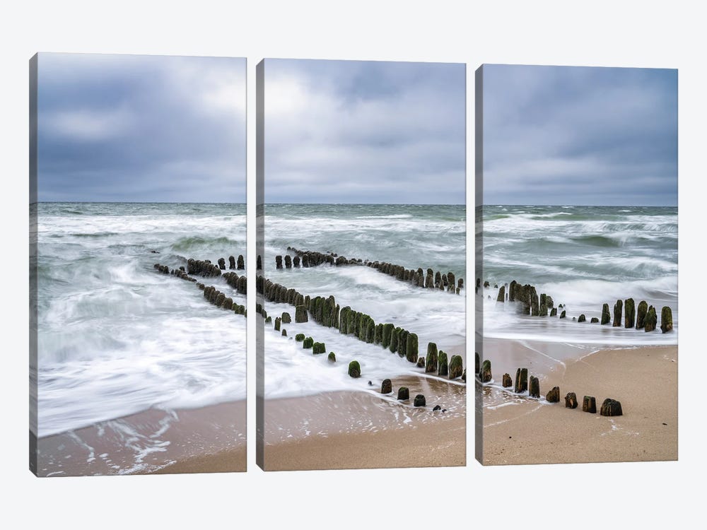 Wooden Groyne On A Stormy Day At The North Sea Coast, Rantum, Sylt, Schleswig-Holstein, Germany by Jan Becke 3-piece Canvas Art Print