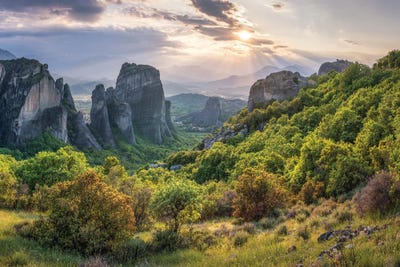 Meteora Rocks At Sunset, Kalabaka (Kalambaka), Greece by Jan Becke multi panel art