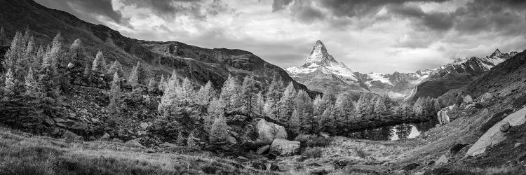 Matterhorn Mountain Panorama In Black And White, Zermatt, Swiss Alps, Switzerland