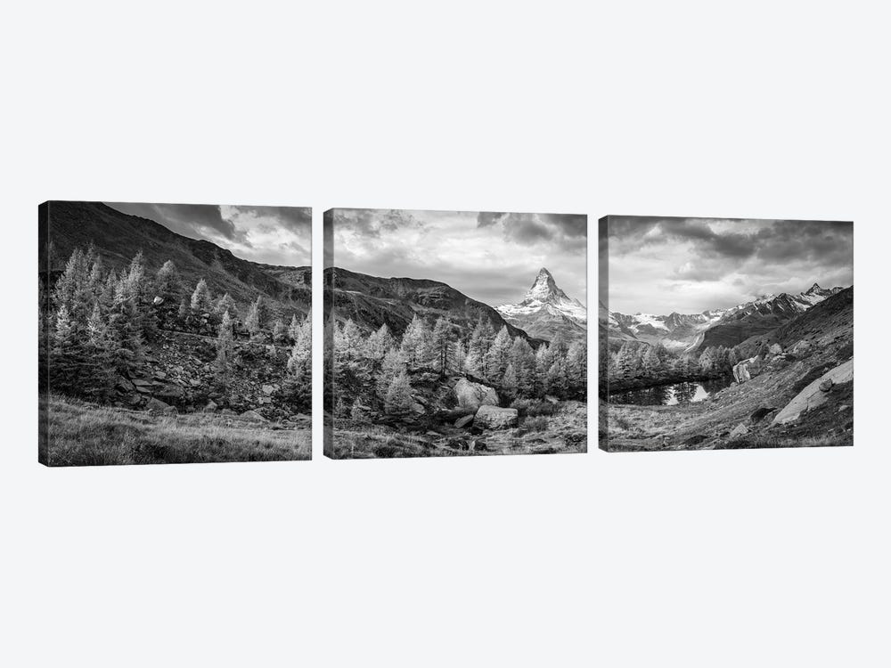 Matterhorn Mountain Panorama In Black And White, Zermatt, Swiss Alps, Switzerland by Jan Becke 3-piece Canvas Art Print
