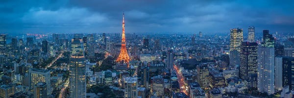 Tokyo Skyline Panorama At Night With Tokyo Tower, Japan