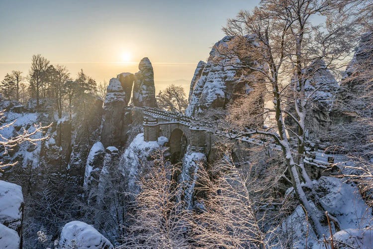 Bastei Bridge (Basteibrücke) In Winter, Elbe Sandstone Mountains, Saxon Switzerland, Saxony, Germany