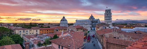 Pisa: Pisa Skyline Panorama At Sunset With View Of The Leaning Tower And Pisa Cathedral, Tuscany, Italy by Jan Becke