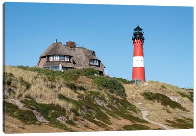 Lighthouse Hörnum And Traditional Thatched-Roof House On Sylt Canvas Art Print - Sylt Art
