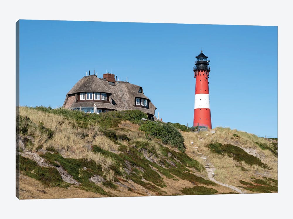 Lighthouse Hörnum And Traditional Thatched-Roof House On Sylt by Jan Becke 1-piece Canvas Artwork