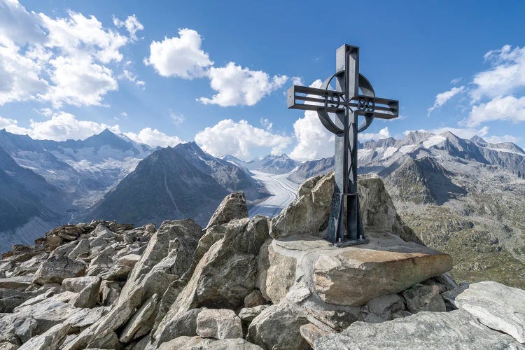 Summit Cross On Top Of Eggishorn Mountain With View Of Aletsch Glacier, Bernese Alps, Switzerland