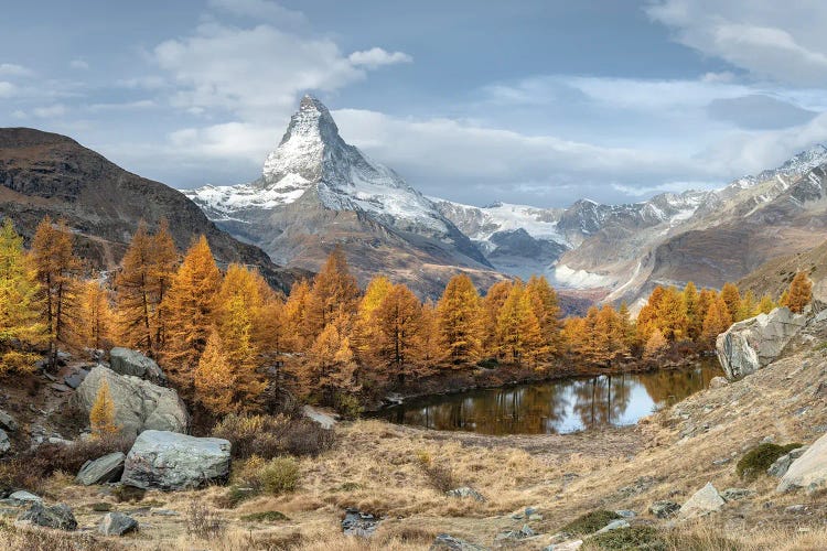 Matterhorn Mountain And Grindjisee Lake In Autumn Season, Swiss Alps, Switzerland