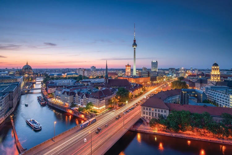 Berlin Skyline At Night With View Of Berlin Television Tower (Fernsehturm Berlin) And Spree River, Berlin Mitte, Germany