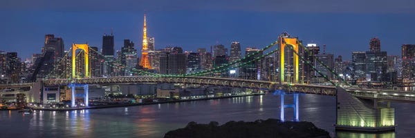 Tokyo: Rainbow Bridge And Tokyo Tower At Night, Tokyo Bay, Odaiba, Tokyo, Japan by Jan Becke