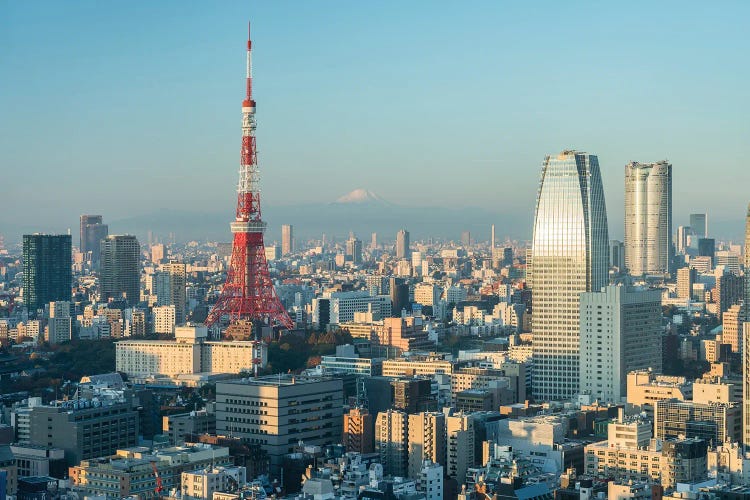 Tokyo Skyline At Sunrise With View Of Tokyo Tower And Mount Fuji by Jan Becke wall art