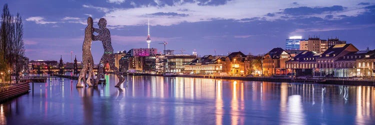 Berlin Skyline Along Spree River At Night With View Of Molecule Men And Fernsehturm Berlin by Jan Becke wall art