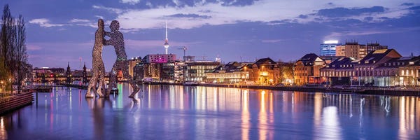 Berlin Skyline Along Spree River At Night With View Of Molecule Men And Fernsehturm Berlin