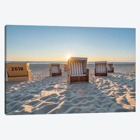 Traditional Roofed Wicker Beach Chairs At Sunset Canvas Print #JNB287} by Jan Becke Canvas Artwork