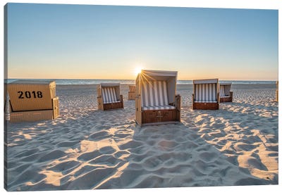 Traditional Roofed Wicker Beach Chairs At Sunset Canvas Art Print - Furniture
