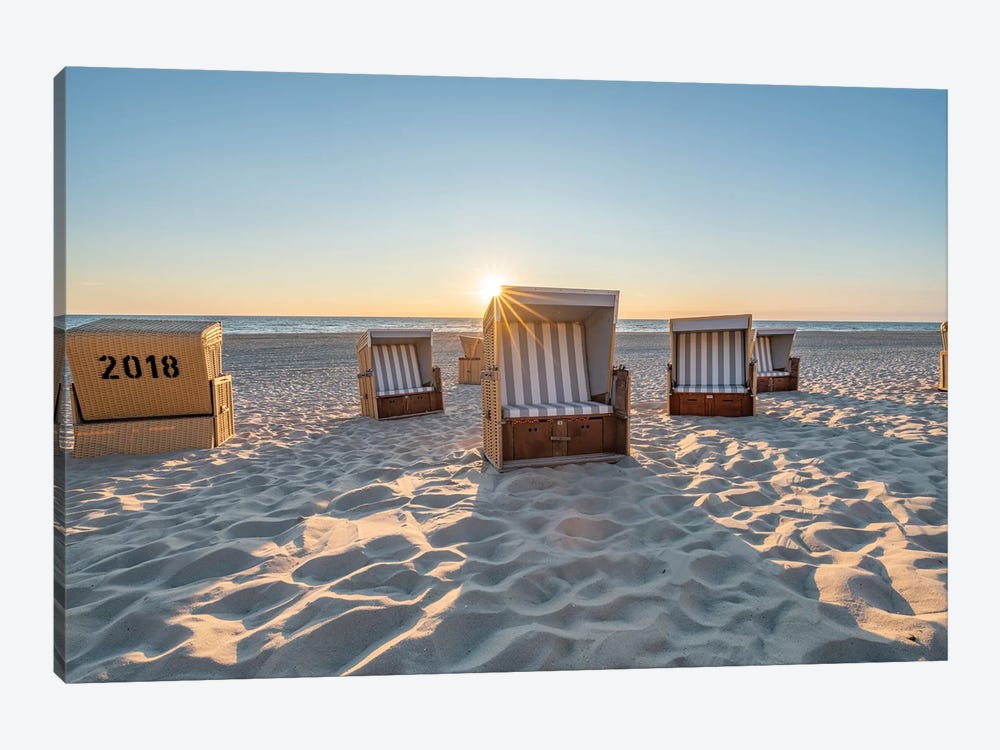 Traditional Roofed Wicker Beach Chairs At Sunset by Jan Becke 1-piece Canvas Print